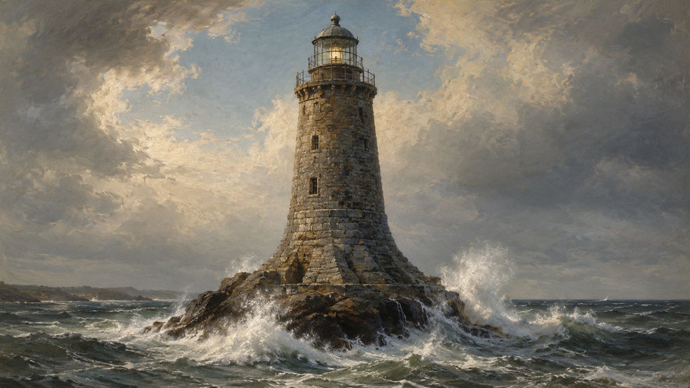 Smeaton's tapered stone Eddystone Lighthouse, built of interlocking granite shaped like an oak tree