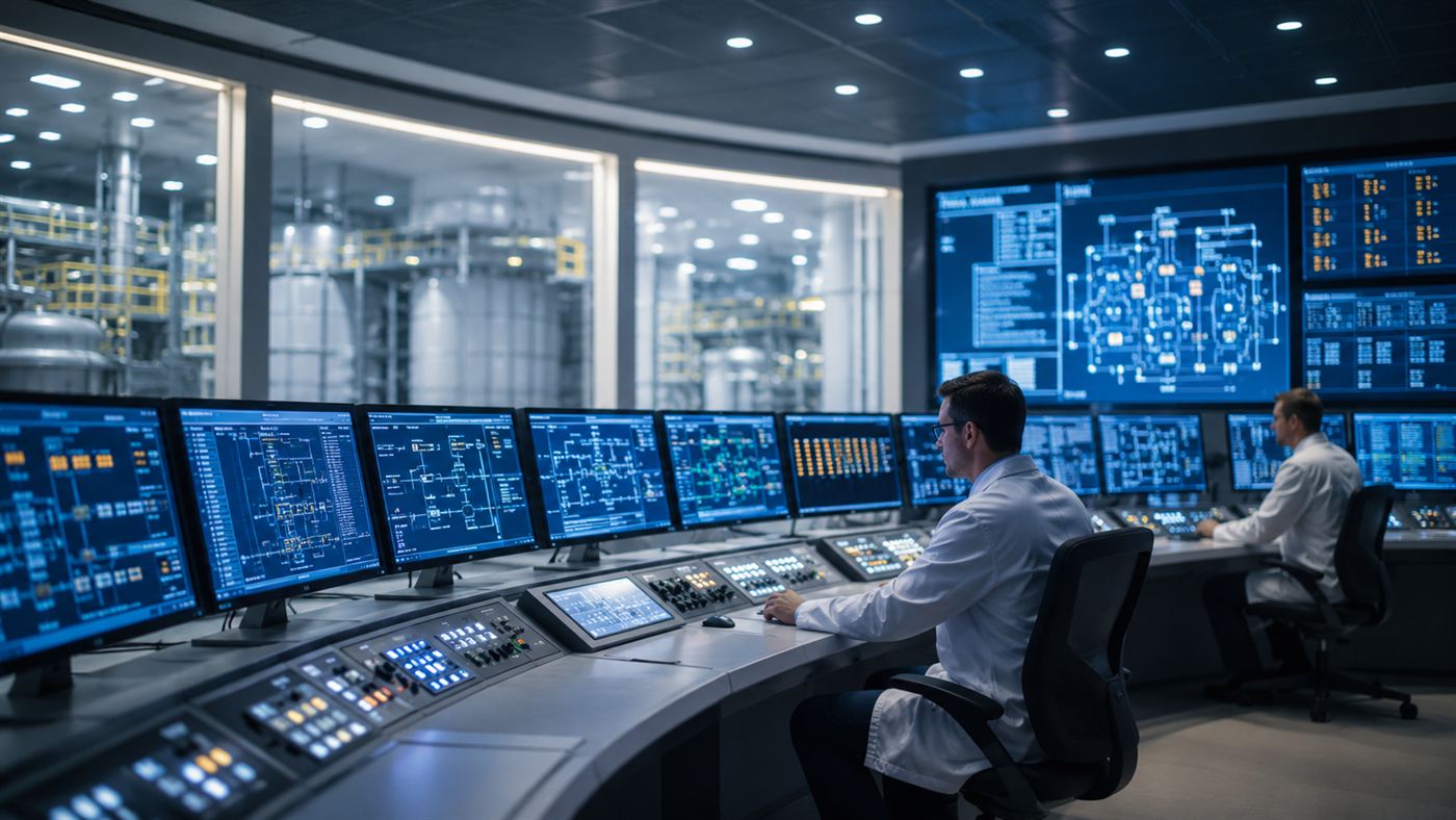 Engineers monitoring screens in the clean modern control room of a small nuclear reactor plant