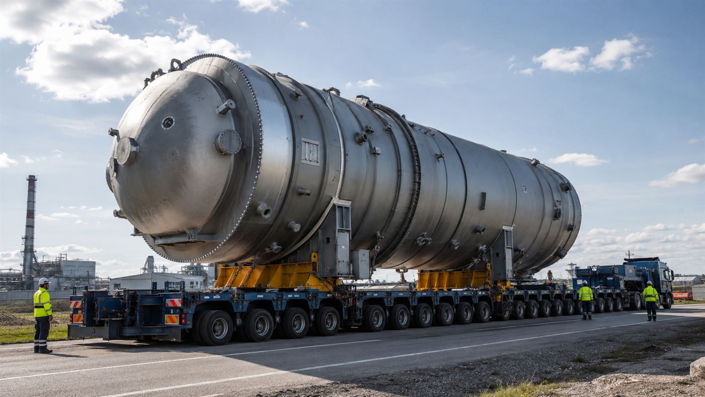 A large cylindrical reactor module being transported on a heavy truck trailer from a factory