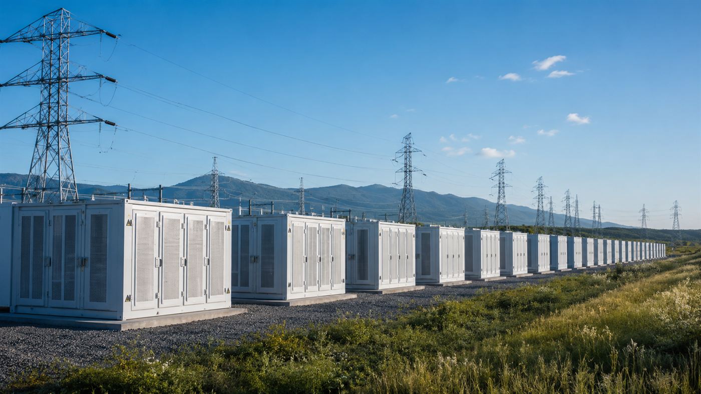 Rows of large grid-scale battery storage containers in a field under a blue sky, the kind of site sodium-ion batteries are designed for