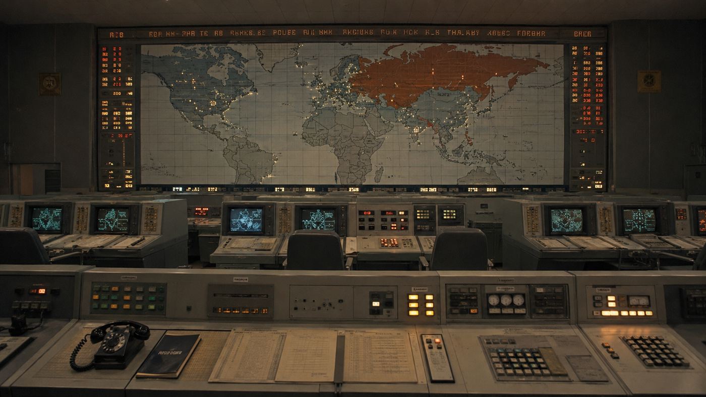 A 1983 Soviet Cold War command room with a large lit world map and rows of glowing control screens