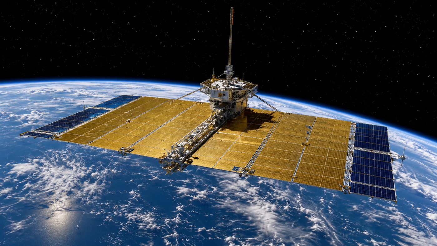 A space solar power satellite with vast panels in orbit above Earth, beaming energy down to the planet