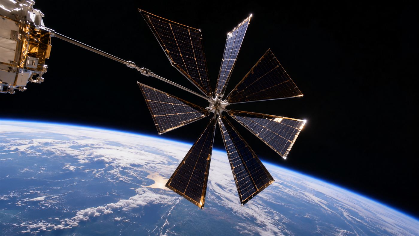 A lightweight folding space solar power array unfurling in orbit above Earth
