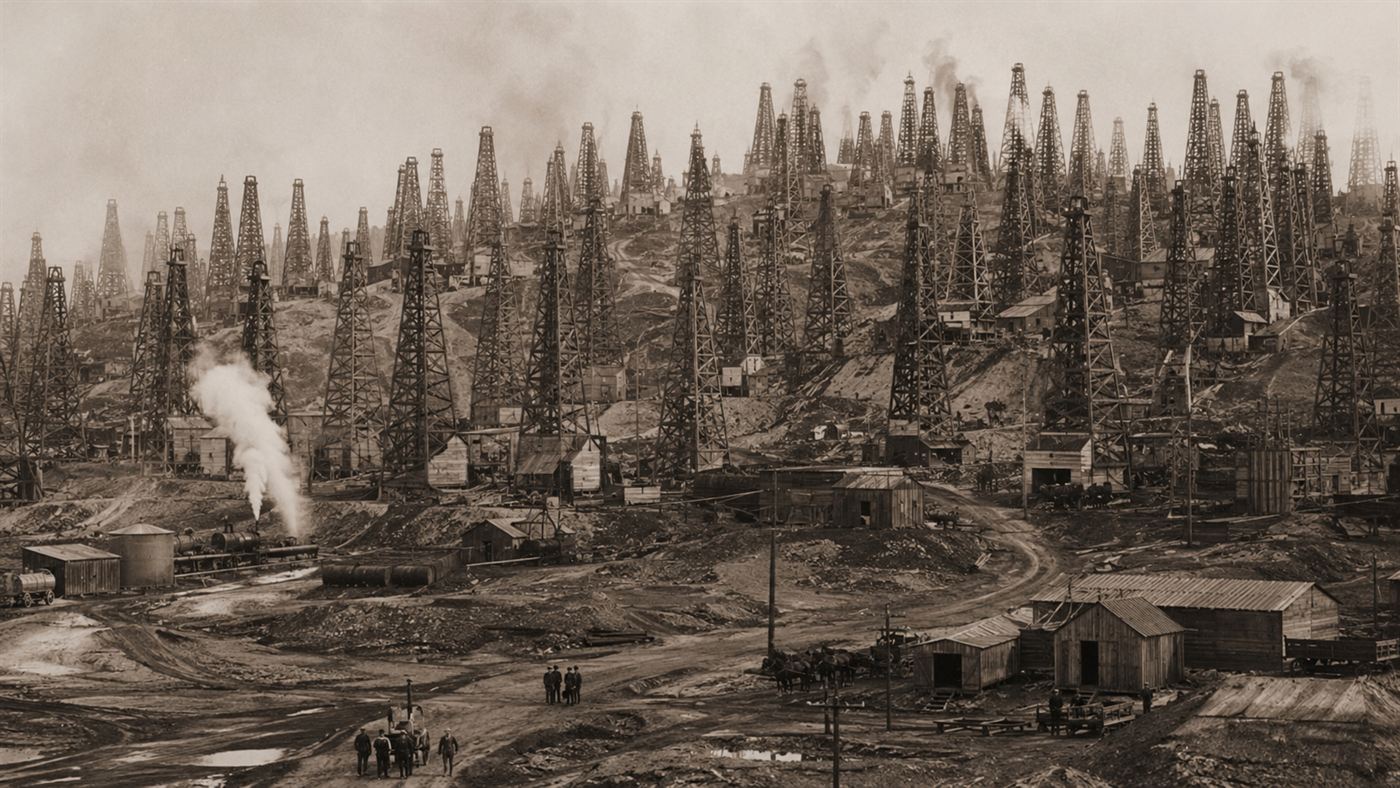 A dense forest of wooden oil derricks packed together on the Spindletop field after the 1901 boom