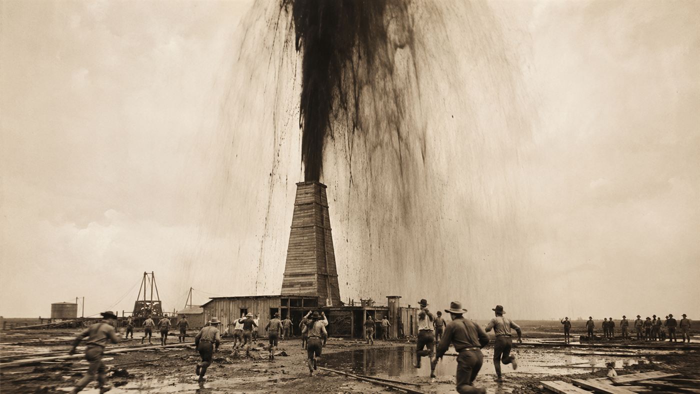 The Spindletop gusher of 1901 erupting a tall black fountain of oil high above a wooden drilling derrick in Texas