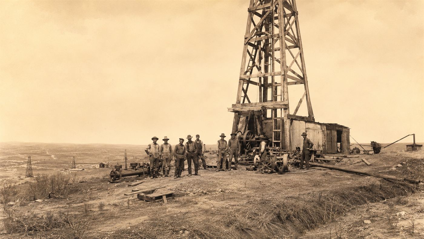 Early 1900s oilmen in hats and work clothes standing by a wooden derrick on a barren Texas hill