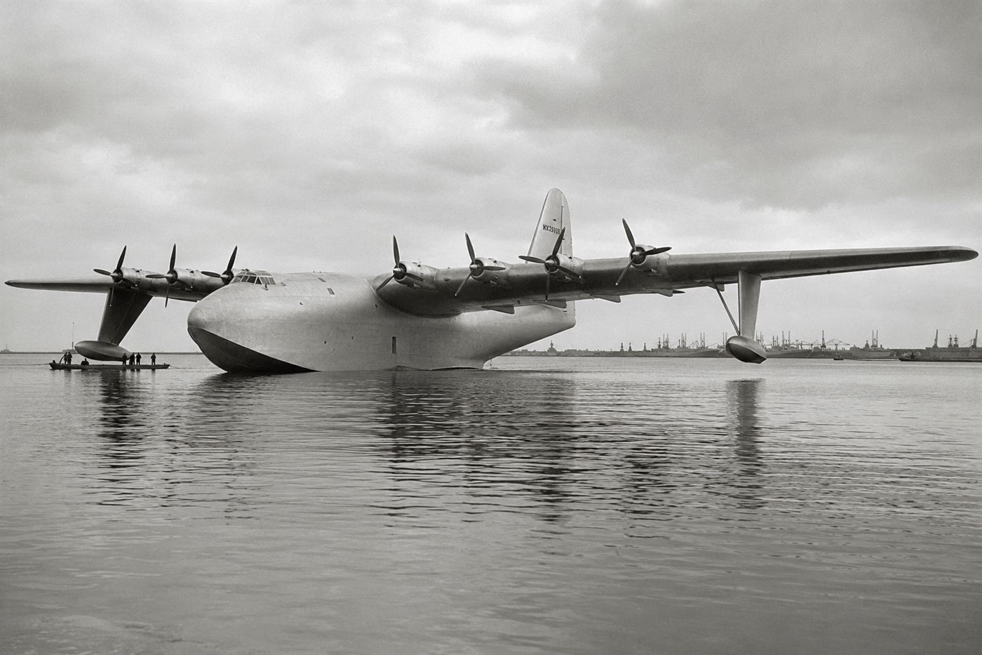 The Spruce Goose H-4 Hercules flying boat built by Howard Hughes floating on Long Beach harbor in 1947