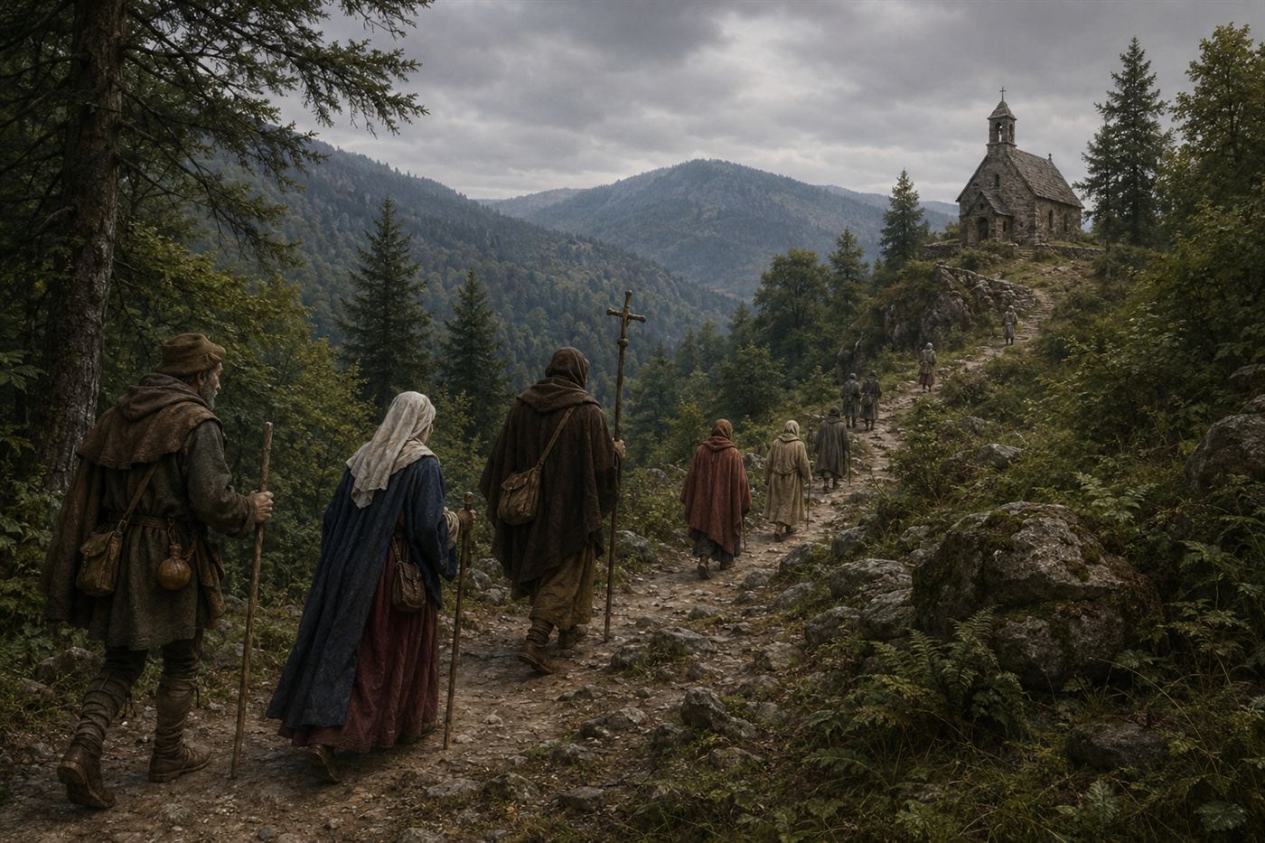 Medieval pilgrims in 15th century European dress walking a winding path through forested Vosges mountains to a small stone shrine chapel, overcast sky