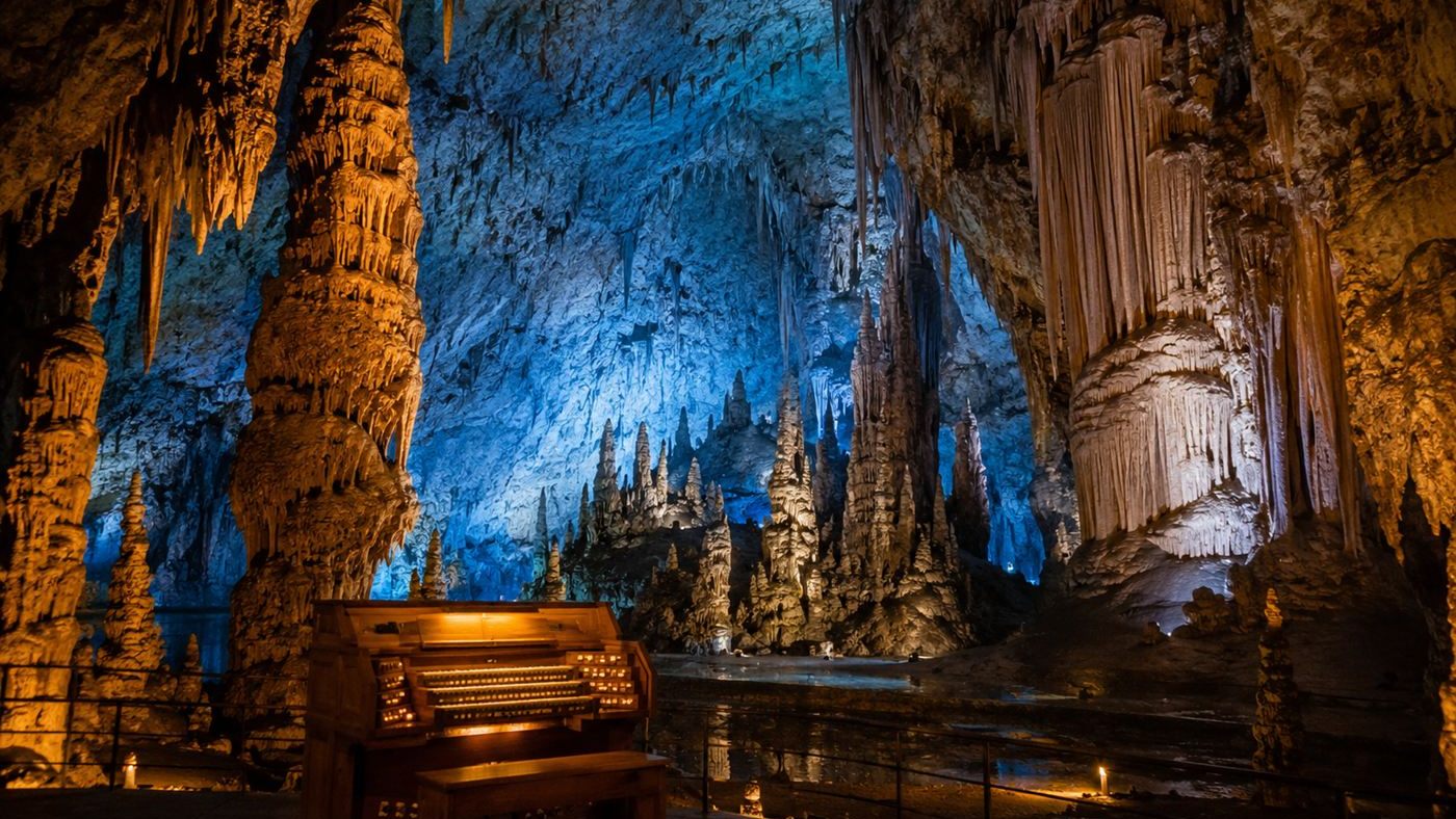 A vast cavern of illuminated stalactites with an organ console, the Great Stalacpipe Organ in Luray Caverns