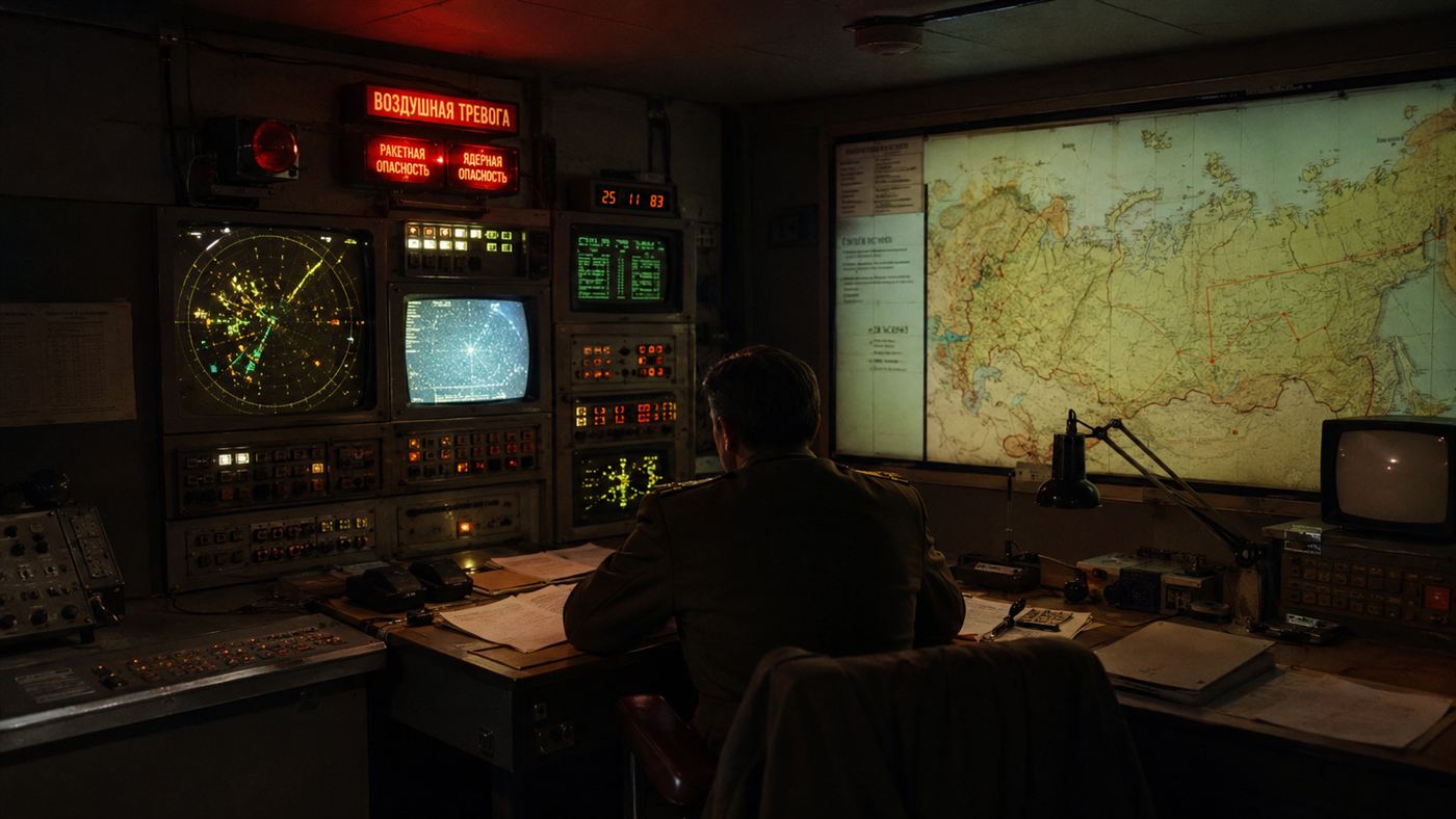 Stanislav Petrov, a lone Soviet officer, at a 1980s early-warning command center lit by alert screens