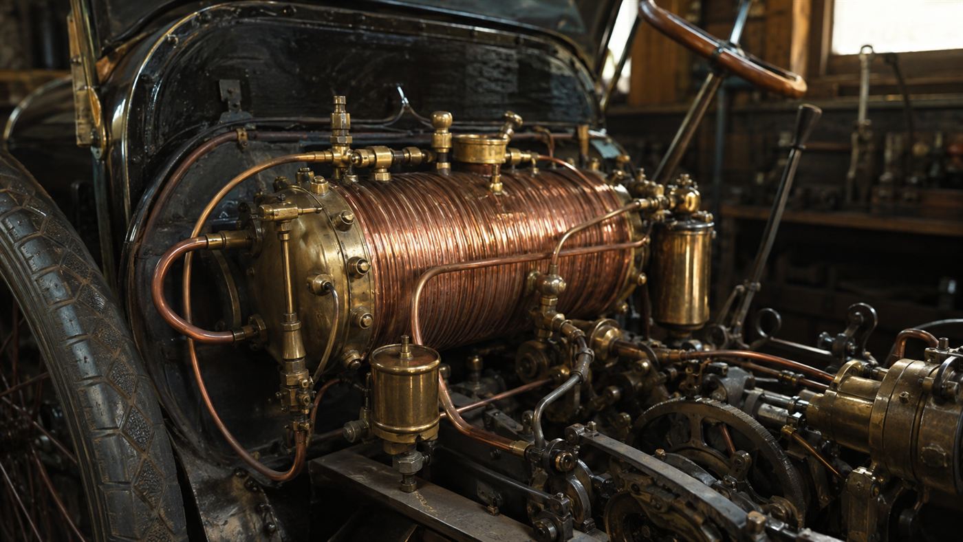 A close-up of the wire-wrapped cylindrical boiler and copper pipework of an antique Stanley steam car