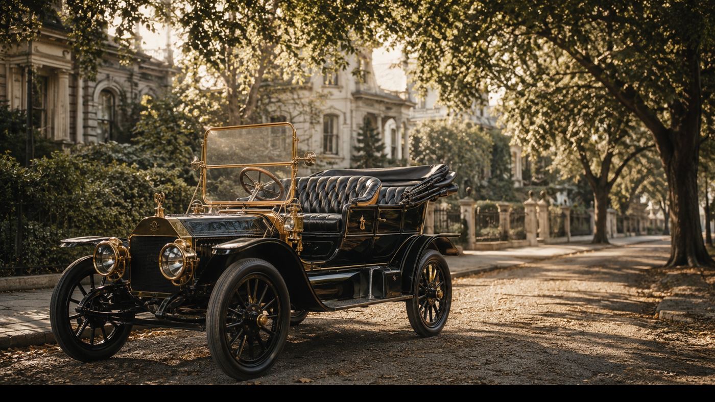 An elegant early 1900s Stanley Steamer touring car with brass lamps parked on a leafy street