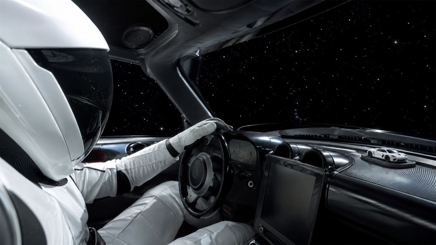 The Starman mannequin's gloved hand on the Tesla Roadster steering wheel with Don't Panic on the dashboard