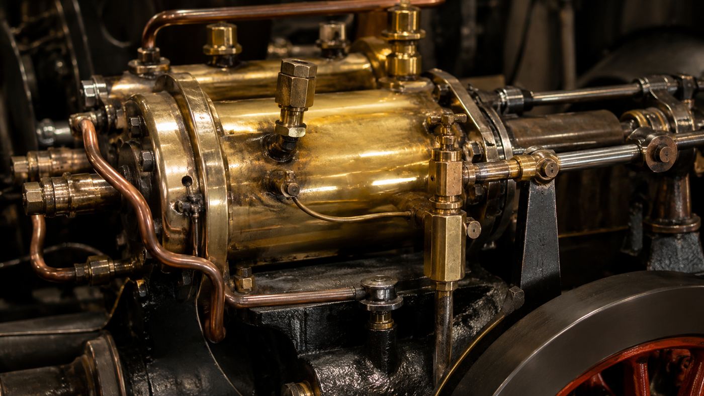 A close-up of the polished brass and iron cylinder, valves and copper pipes of an antique steam engine