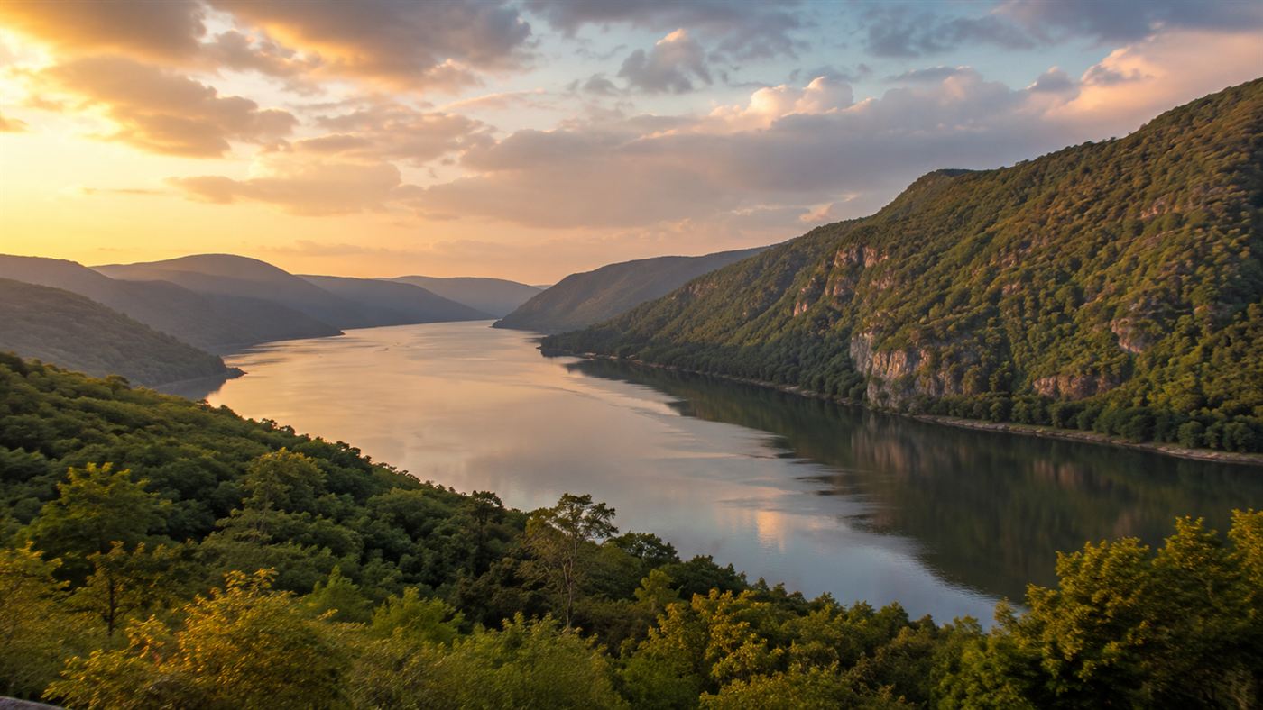 A wide peaceful view of the Hudson River highlands with forested mountains reflected in calm water