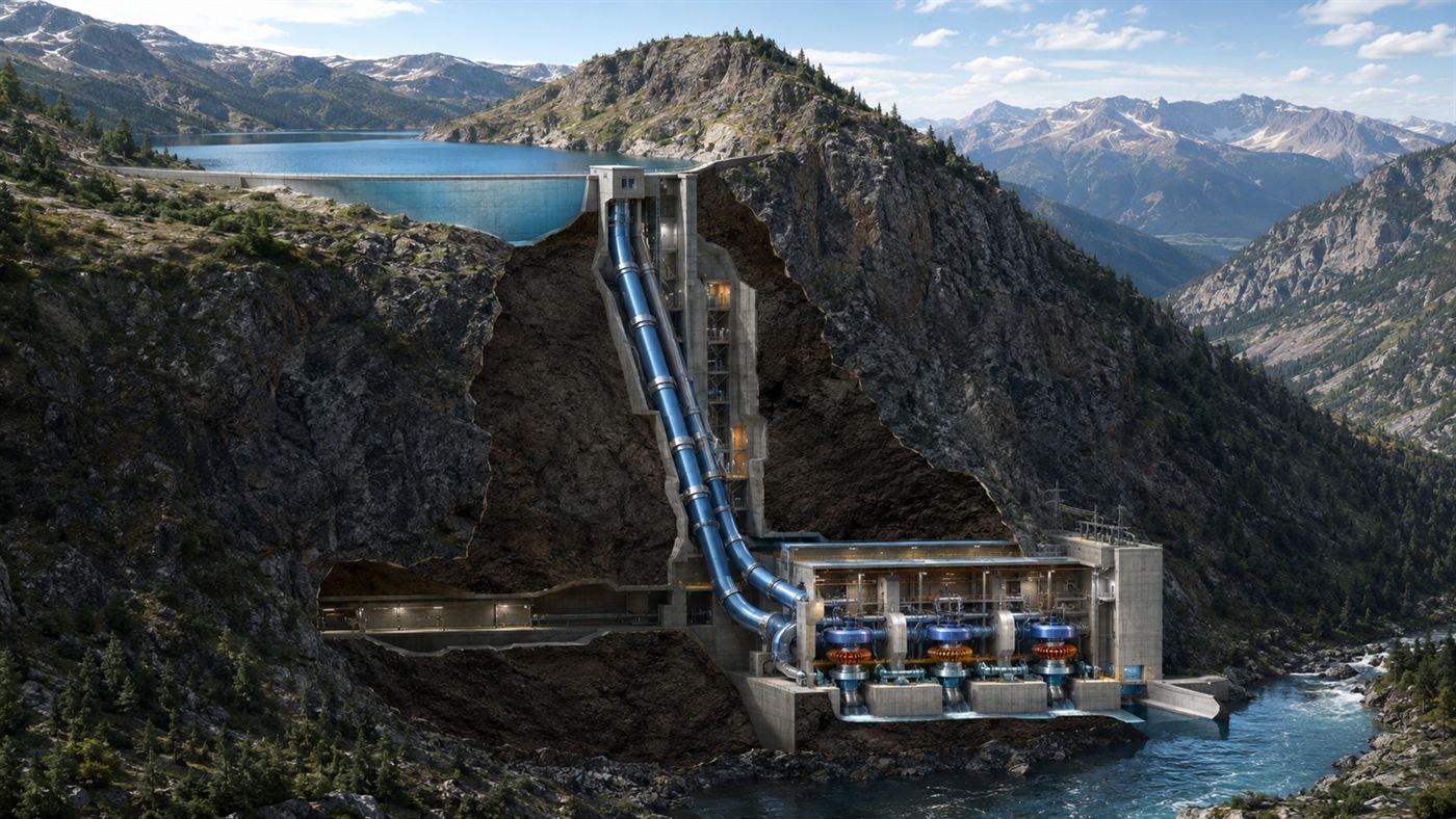 An illustration of a pumped storage plant with a reservoir on a mountaintop and turbines connected to a river below