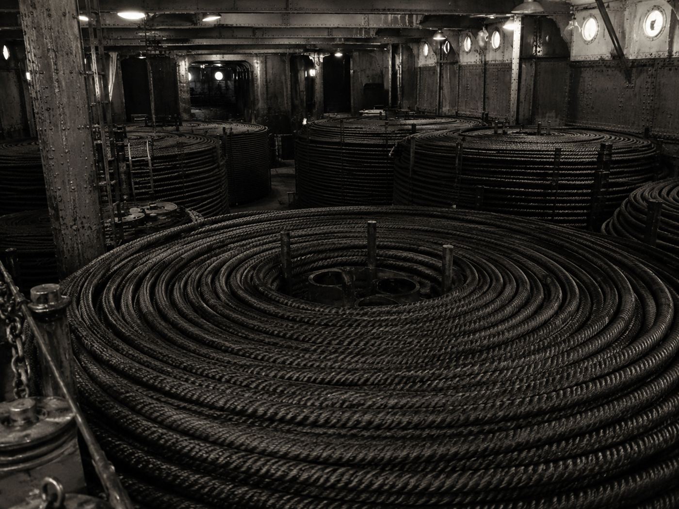 Huge coils of thick Victorian submarine telegraph cable filling a ship's hold, the kind used for the transatlantic cable