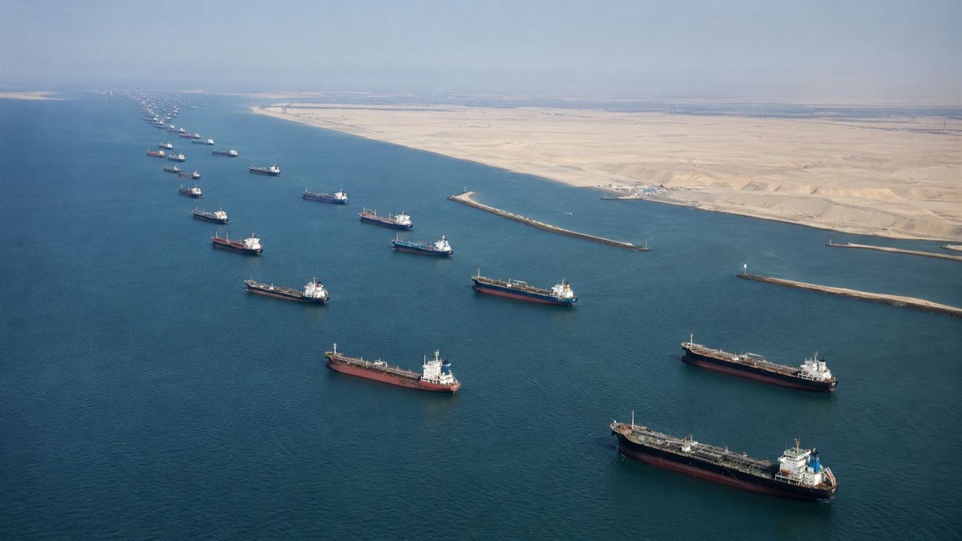 Dozens of large cargo ships anchored in a queue waiting outside the Suez Canal, a jam that stalled the global supply chain