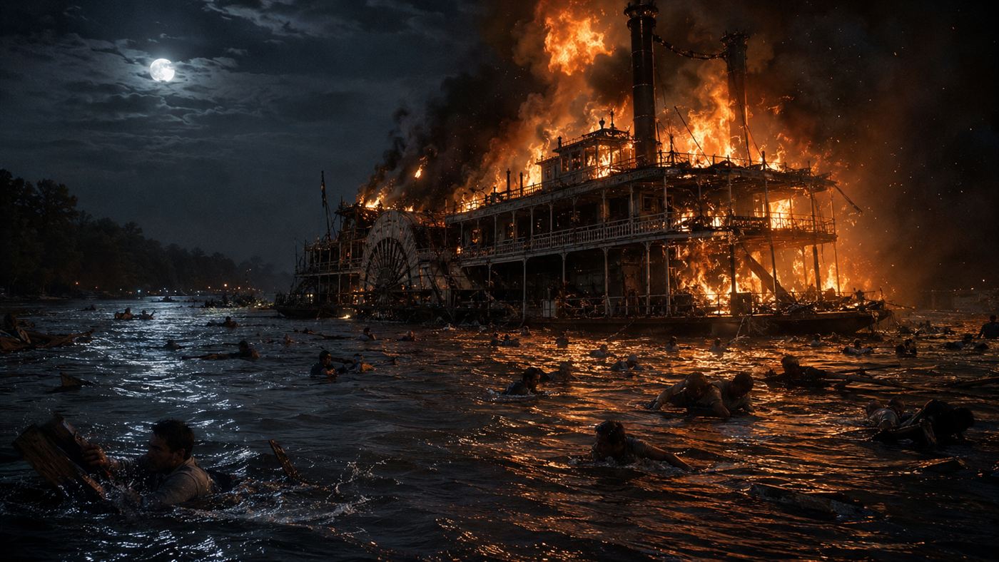 The Sultana disaster, an overcrowded 1860s paddle steamboat exploding and burning on the dark Mississippi River at night with men in the water
