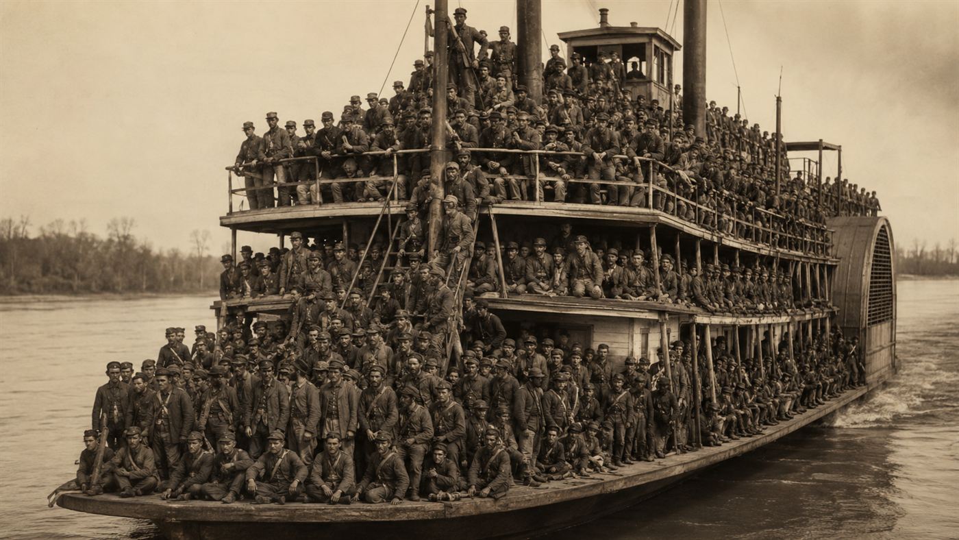 A Mississippi paddle steamboat dangerously overcrowded with gaunt Union prisoners of war packed across every deck before the disaster