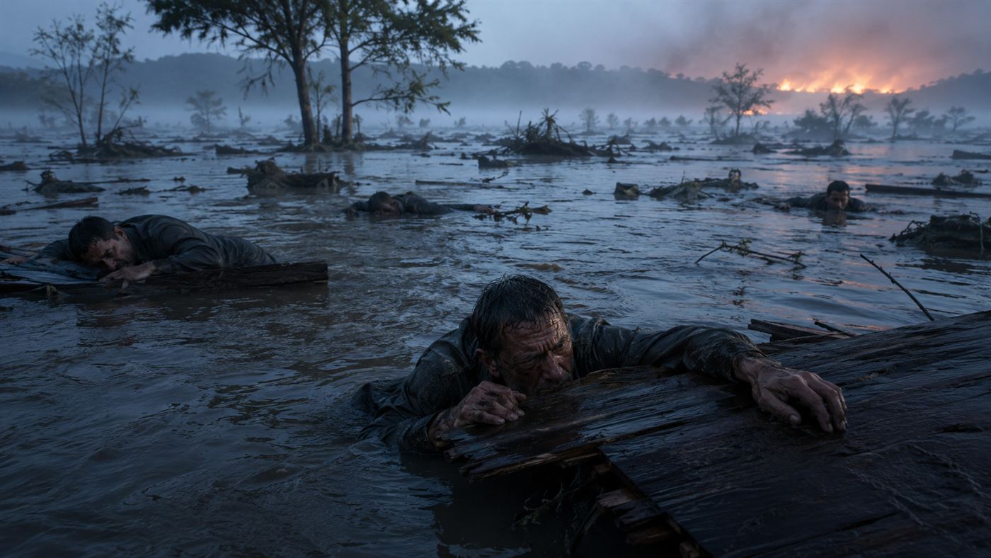 Survivors of the Sultana clinging to floating wreckage in the cold flooded Mississippi River at dawn