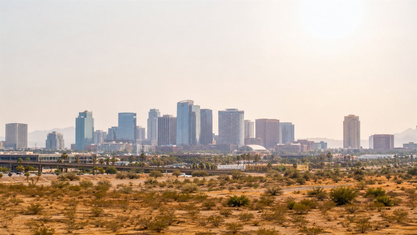 A modern American Sun Belt city skyline of glass towers shimmering under a blazing hot hazy sky