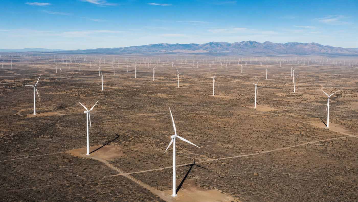 Rows of white wind turbines of the SunZia wind farm across a wide New Mexico desert