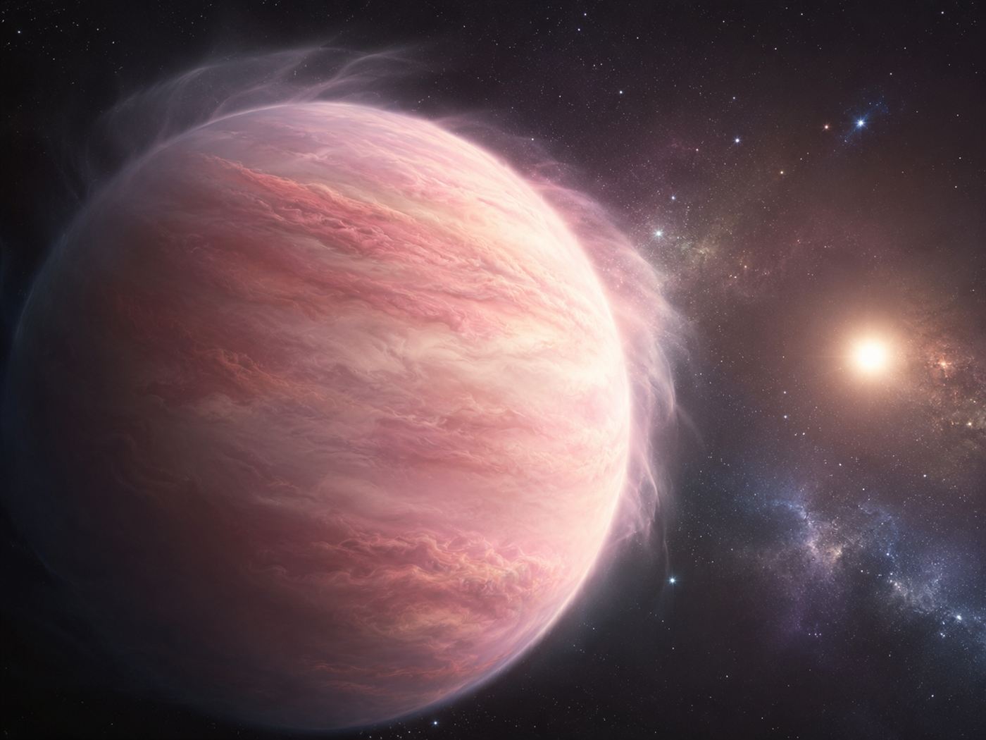Artist's impression of a pale fluffy cotton-candy super-puff gas giant planet glowing near its star