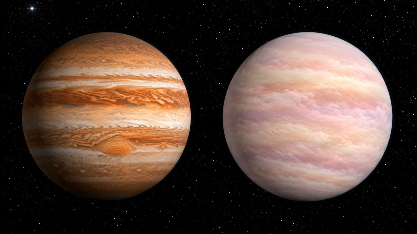 A size comparison illustration showing a puffy pale planet next to Jupiter, both about the same width but the puffy one far lighter