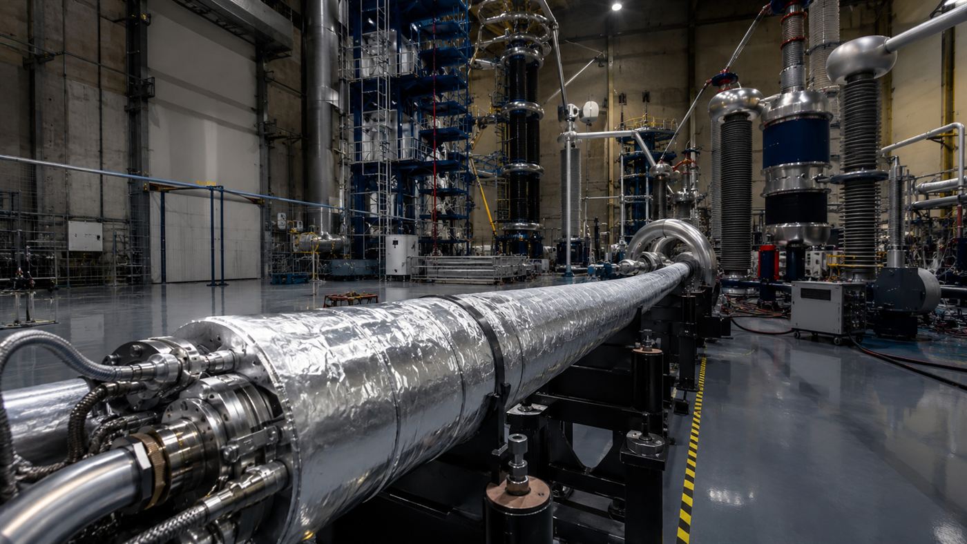 A thick superconducting power cable being tested, cooled and wrapped in insulation in an industrial setting