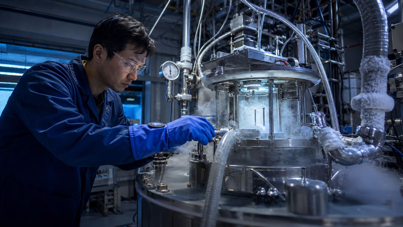 A physicist in a laboratory working with a cooled sample surrounded by frosty pipes and instruments