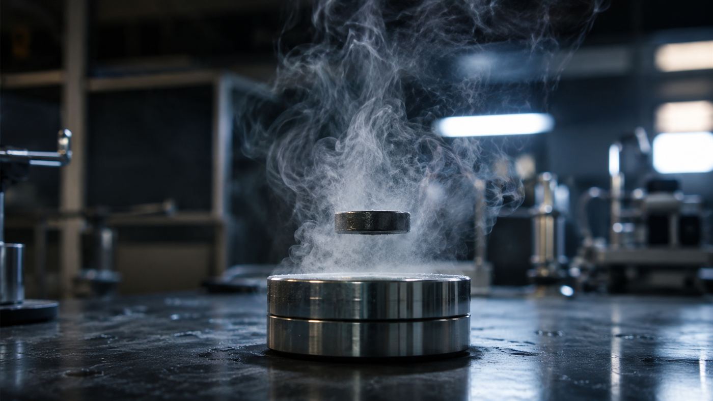 A small superconductor disc levitating above a magnet in a cloud of cold vapour