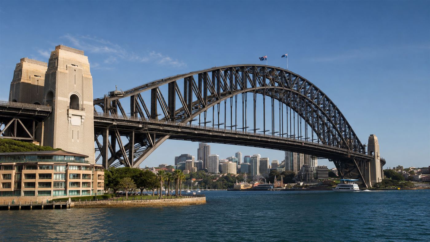 The finished Sydney Harbour Bridge, the Coathanger, spanning the blue harbour under a clear sky