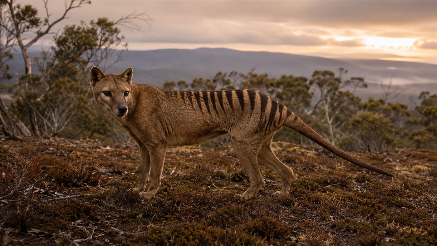A Tasmanian tiger, or thylacine, with dark stripes across its back, standing in the Tasmanian bush