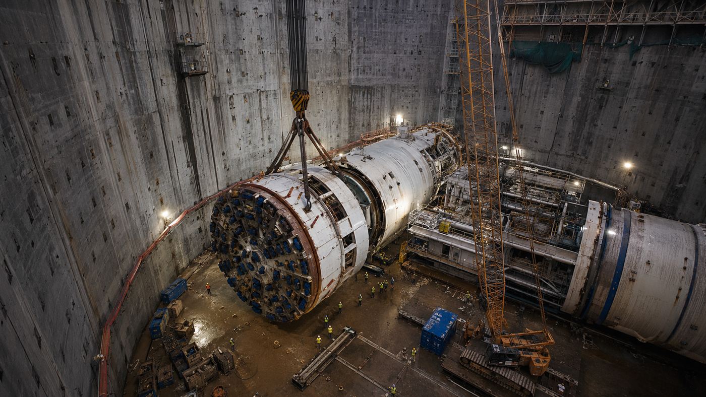 A vast tunnel boring machine being assembled in a deep launch shaft with cranes and workers around it for scale