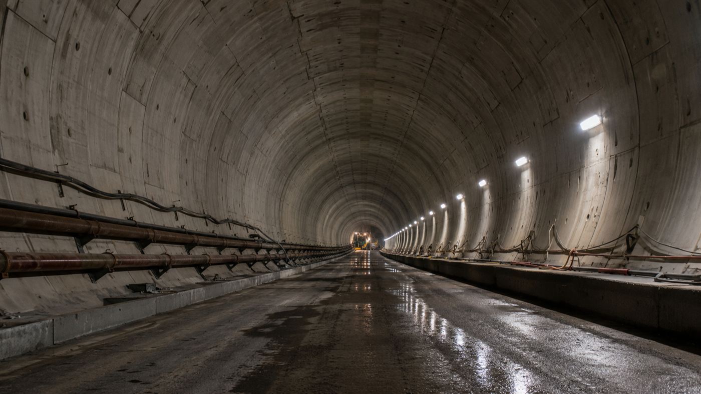 Inside a freshly bored tunnel lined with curved concrete segments, stretching into the distance under work lights