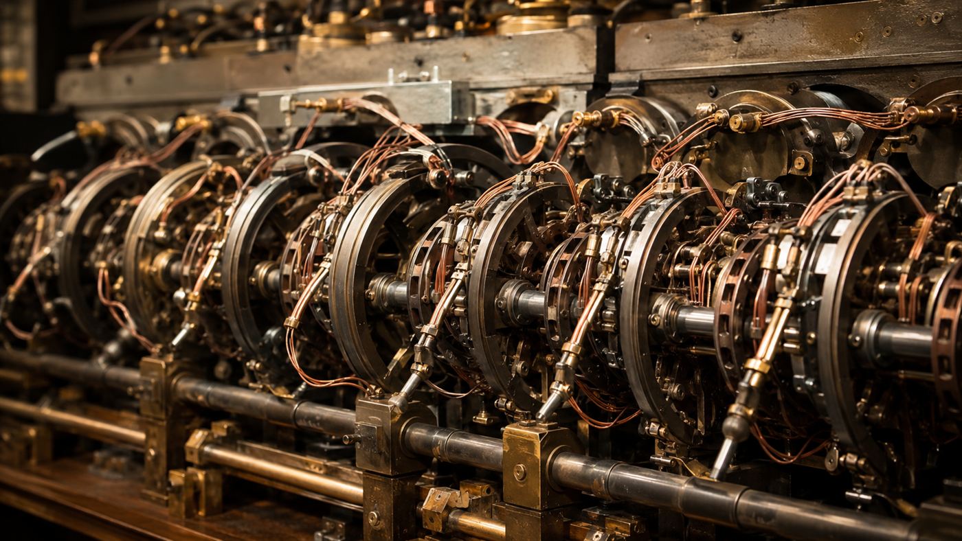 Rows of rotating metal tonewheel alternators with dense copper wiring inside an early-1900s machine