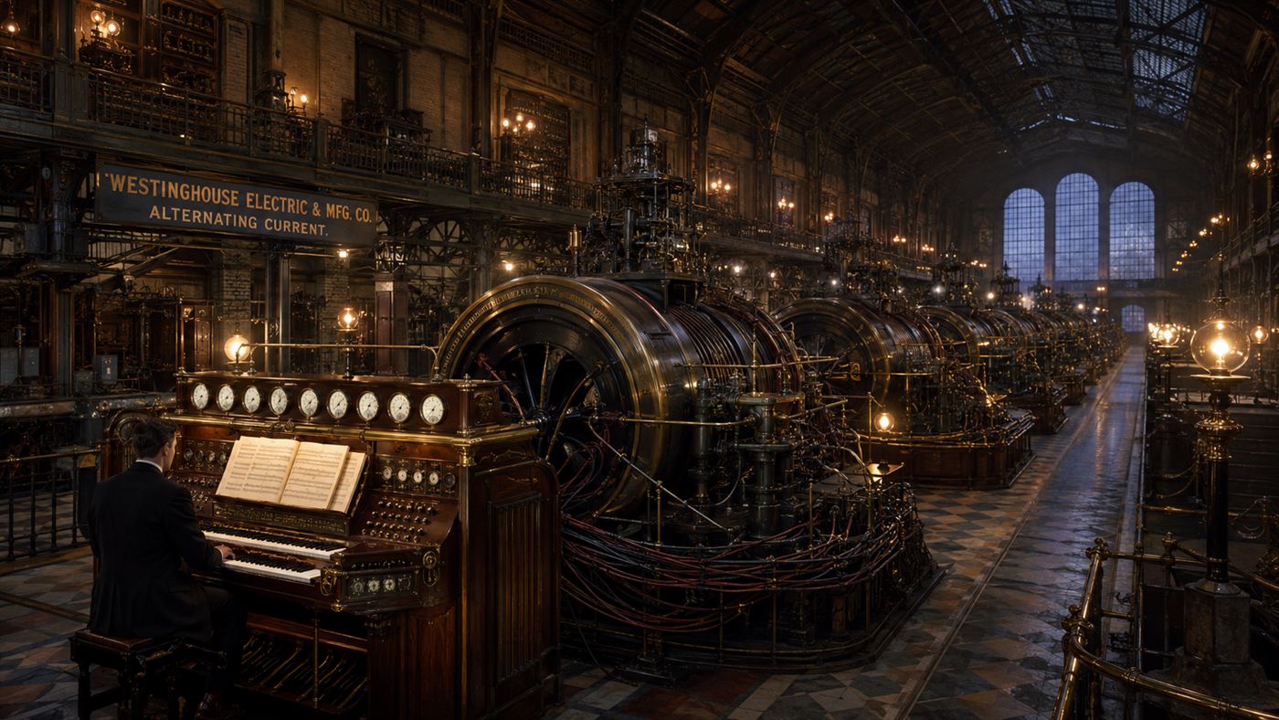 The Telharmonium, a vast 1900s hall of electrical dynamos and a keyboard that streamed music over phone lines