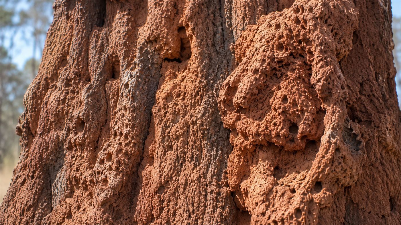 Macro view of the rough reddish-grey textured surface of a termite mound with small holes and ridges
