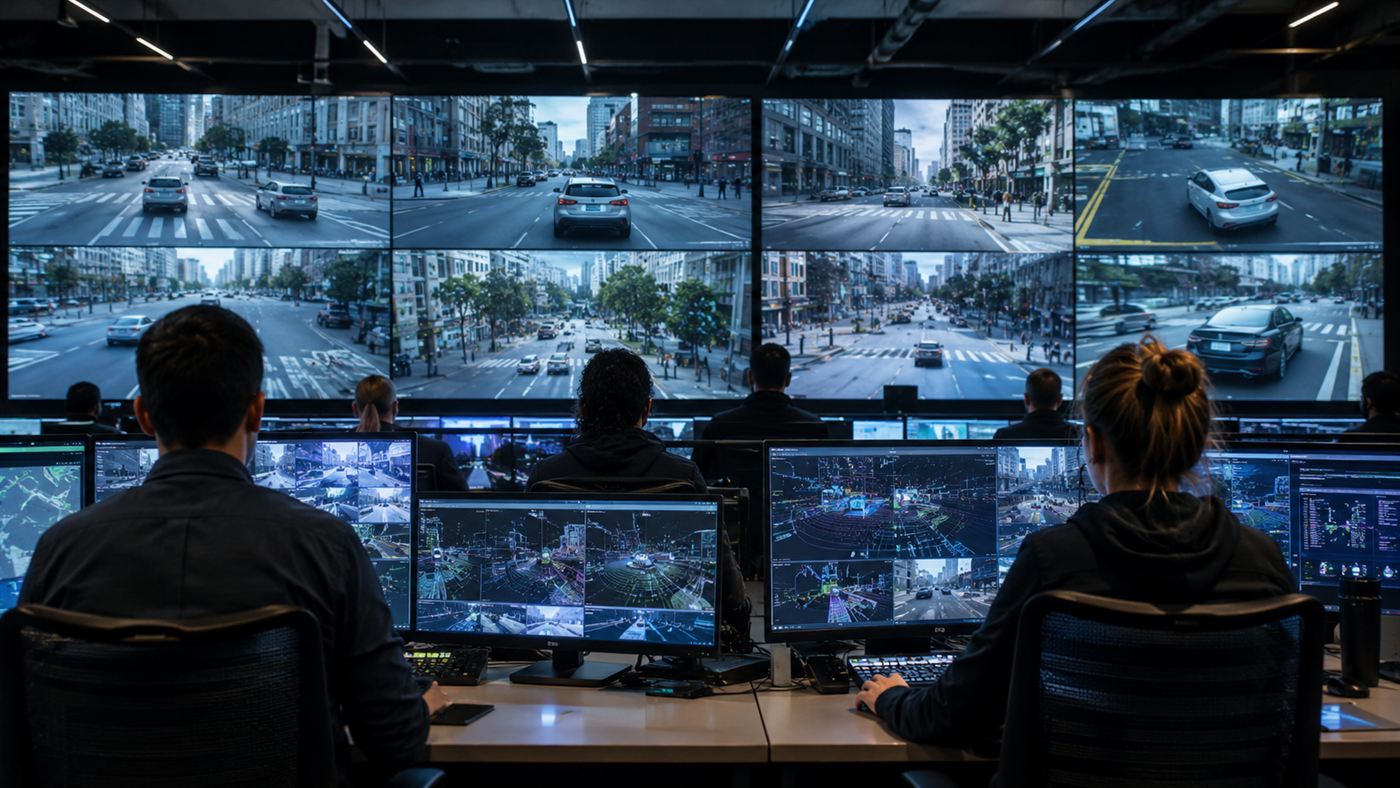Remote human operators watching banks of live video screens of driverless cars from a control room