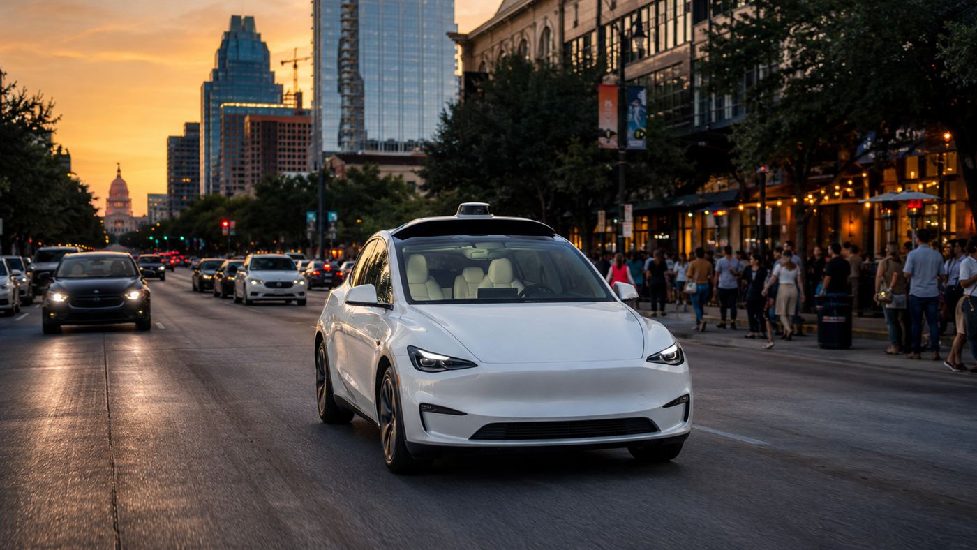 A driverless Tesla robotaxi Model Y with an empty front seat moving through a busy Austin street at dusk