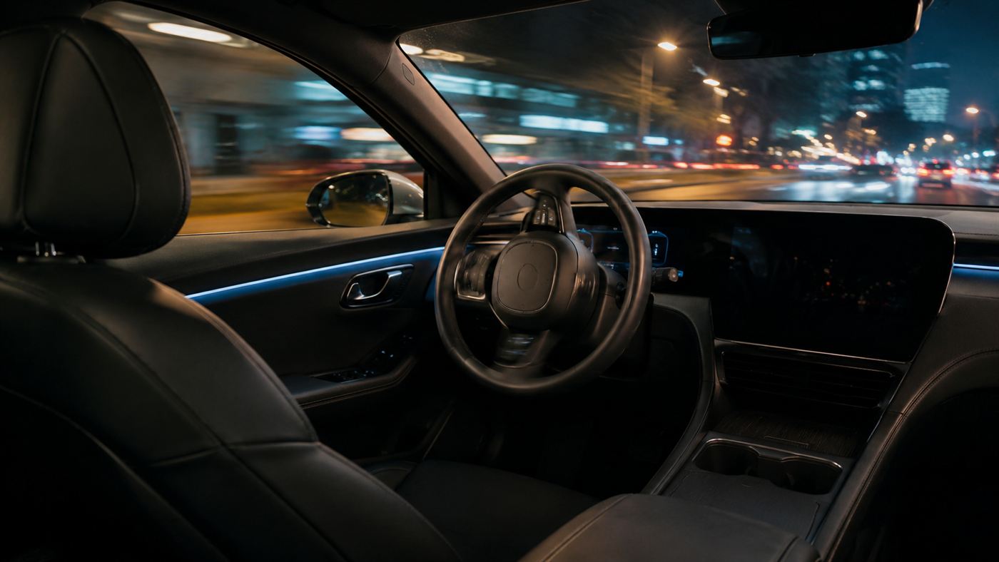 Close-up of an empty driver seat and steering wheel turning by itself inside a moving Tesla Model Y