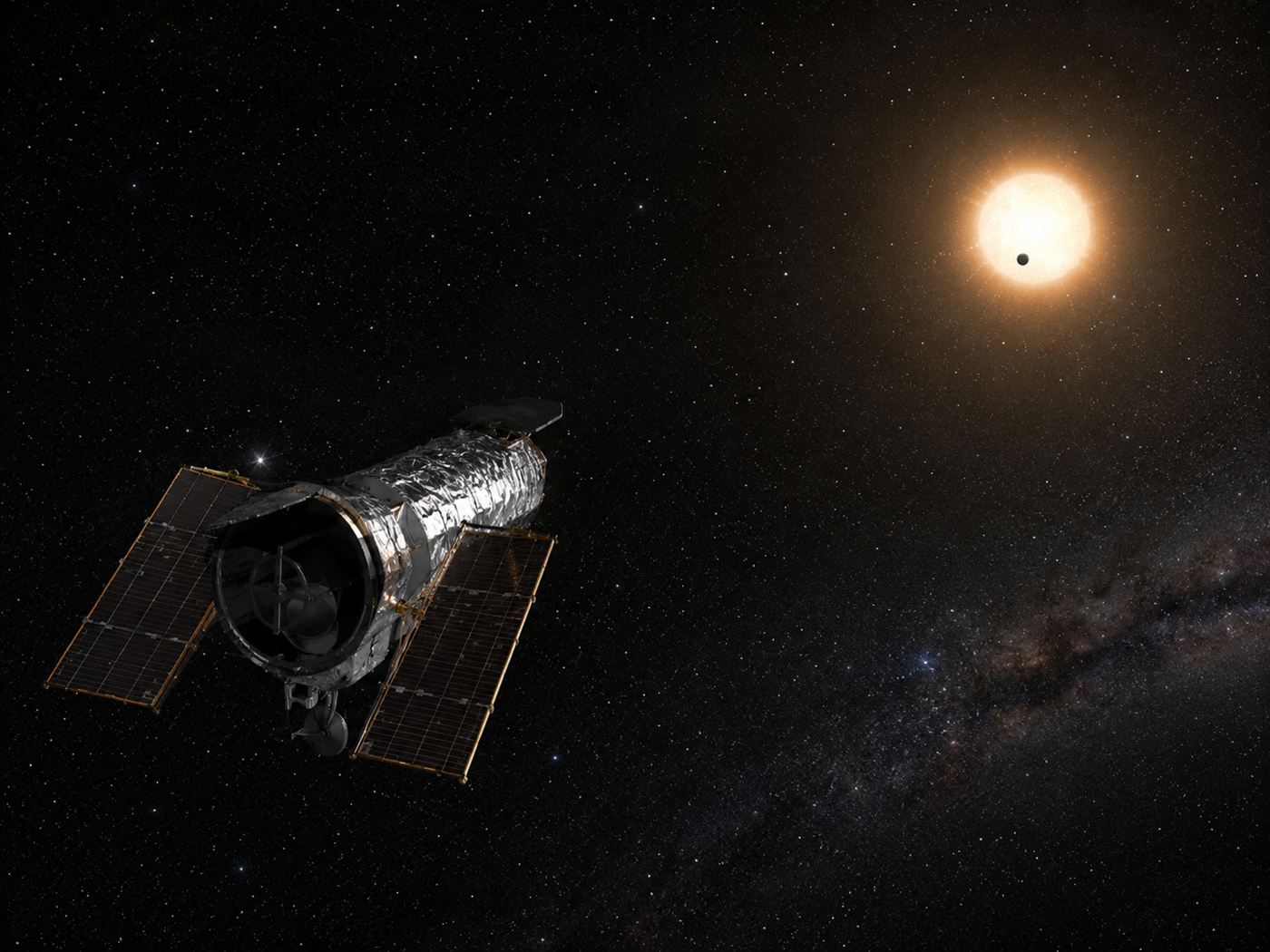 Illustration of a space telescope watching a distant star dim slightly as a planet passes in front of it, the transit method of finding planets