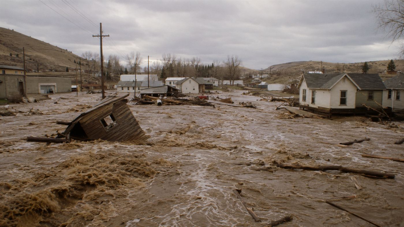 Floodwater from the Teton Dam failure sweeping through the streets of an Idaho farm town, lifting houses and debris in 1976