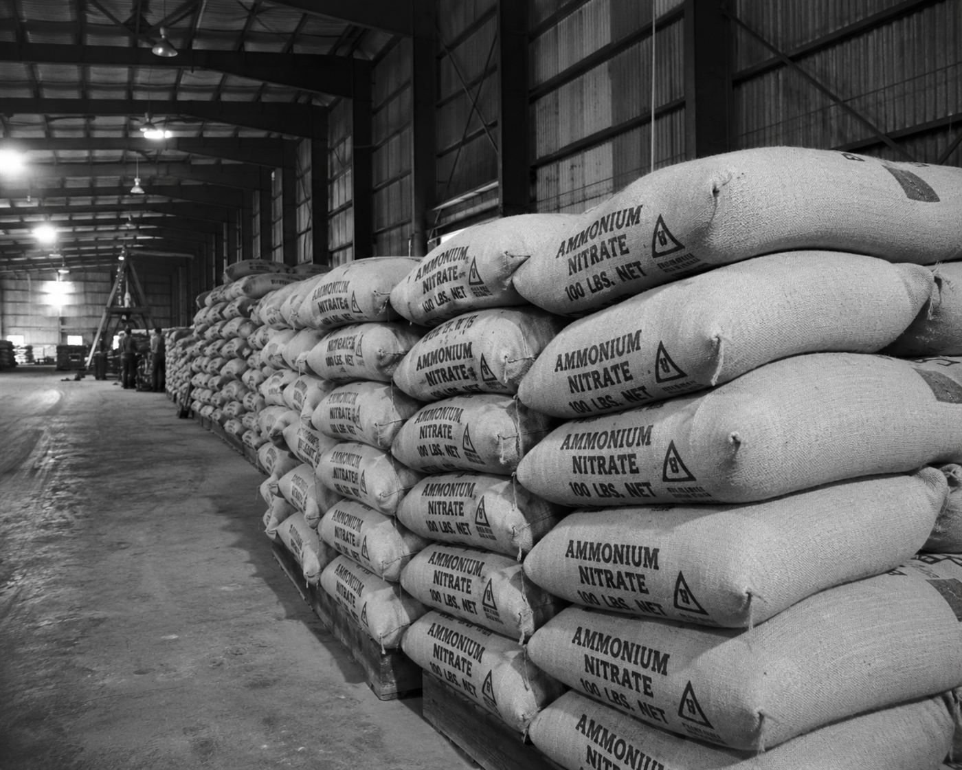 Rows of burlap ammonium nitrate fertilizer bags stacked in a commercial warehouse, industrial chemical agricultural storage, 1940s American industrial supply scene