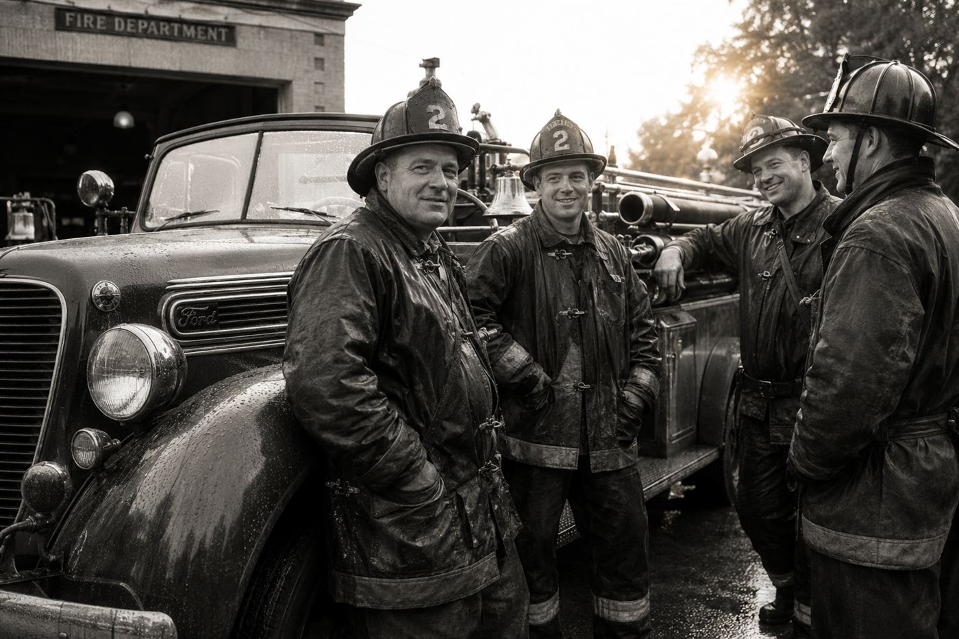 American small-town volunteer firefighters in 1940s helmets beside a vintage fire truck, period documentary photography, warm community spirit, the kind of men who responded to the Texas City disaster