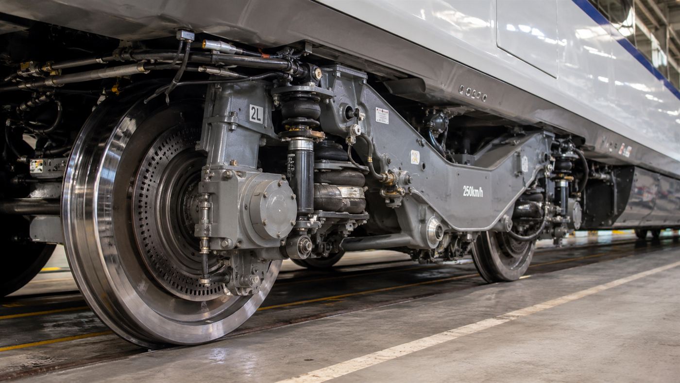 A close-up of the enlarged steel wheels and bogie of the record-breaking TGV train