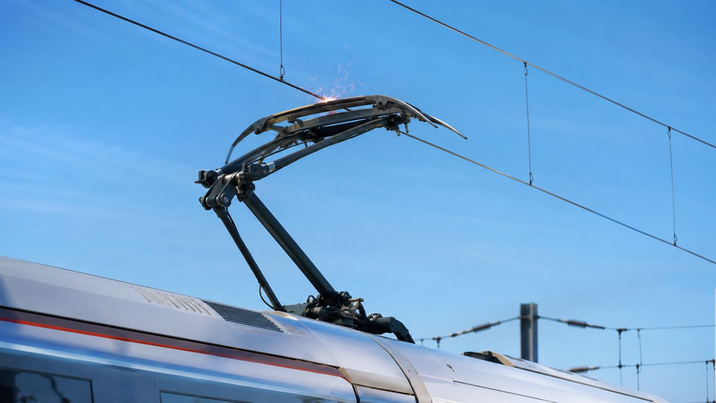 The pantograph of a high-speed TGV pressing against the overhead catenary wire, drawing electric power at speed