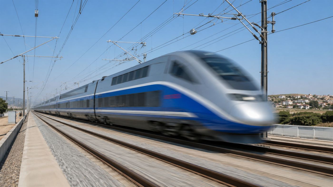 A sleek silver TGV train blurring past at extreme speed on an open high-speed line