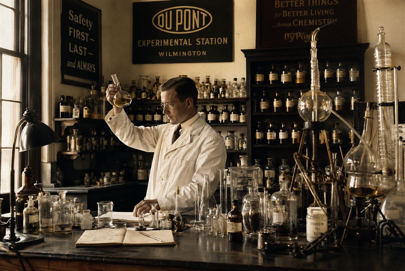 Thomas Midgley leaded gasoline invention 1920s, American chemist at industrial chemistry laboratory workbench with glassware and chemical equipment